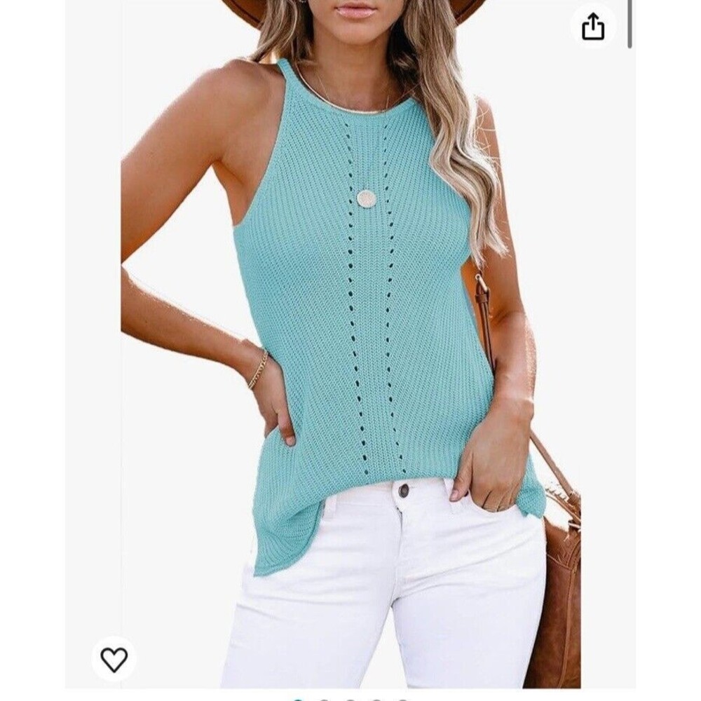 Nulibenna Cami Top Blue Size XL Crochet Sweater Sleeveless Blouse Beah Resort